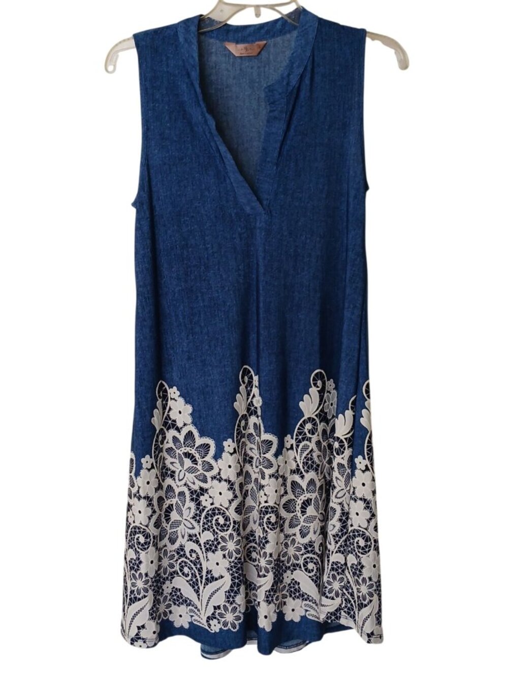SJS Sz S Sleeveless Blue Floral Tunic Dress W/ V-Neckline & Lace Look Hem #I-11
